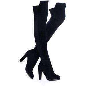 Women Black Pu Faux Suede Chunky Heel Stretch Over The Knee Thigh High Long Boot